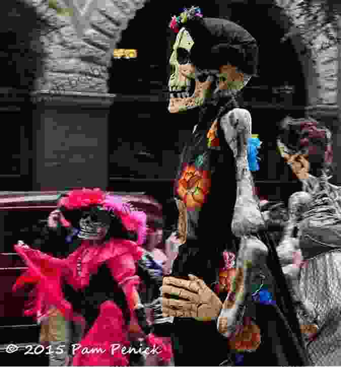 A Skeleton Adorned With Colorful Flowers And Ribbons, Dancing With Joyful Abandon. San Miguel De Allende Secrets: Day Of The Dead With Skeletons Witches And Spirit Dogs